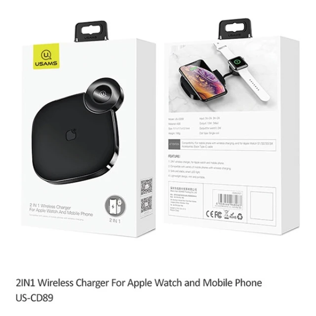 Бездротова зарядка Usams 2в1 для Apple Watch та Smartphone Black (CD89JN01)