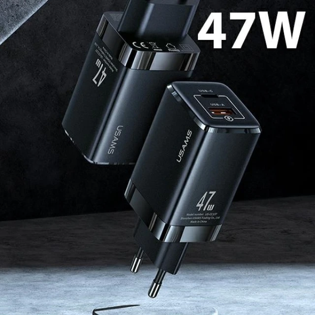 Мережевий зарядний пристрій Usams US-CC137 T41 GaN 47W PD/QC USB-C | USB-A Black (CC137TC01)