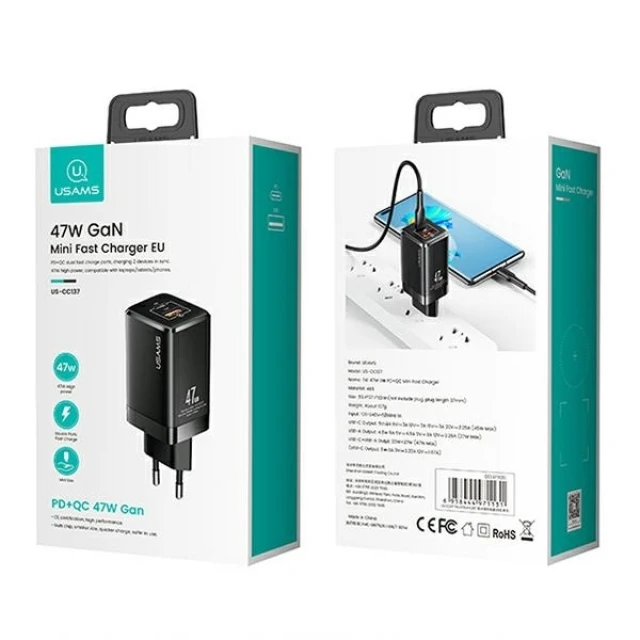 Мережевий зарядний пристрій Usams US-CC137 T41 GaN 47W PD/QC USB-C | USB-A Black (CC137TC01)