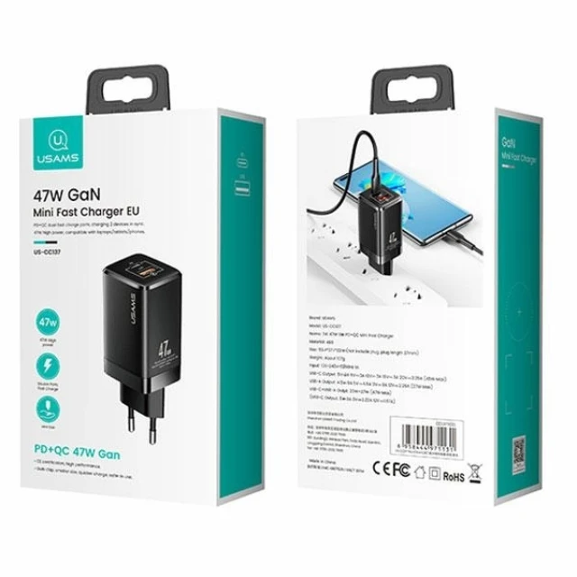 Мережевий зарядний пристрій Usams US-CC137 T41 GaN 47W PD/QC USB-C | USB-A White (CC137TC02)