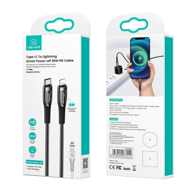 Кабель Usams US-SJ518 Smart Power-off PD USB-C to Lightning 20W 1.2m Black (SJ518USB01)