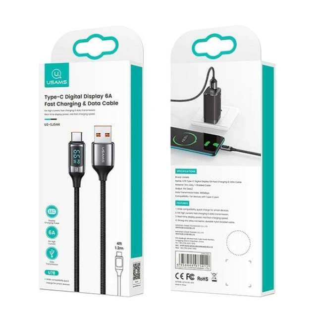 Кабель Usams US-SJ544 U78 LED FC USB-A to USB-C 6A 1.2m Black (SJ544USB01)