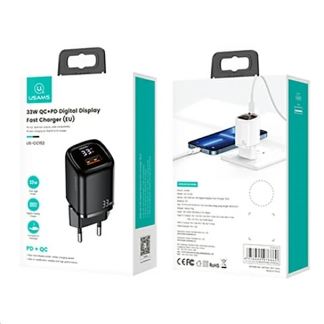 Мережевий зарядний пристрій Usams US-CC152 T46 PD/QC 33W USB-C | USB-A Black (CC152TC01)