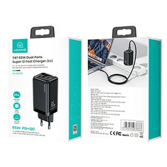 Мережевий зарядний пристрій Usams US-CC153 T47 PD/QC 65W USB-C | USB-A Black (CC153TC01)