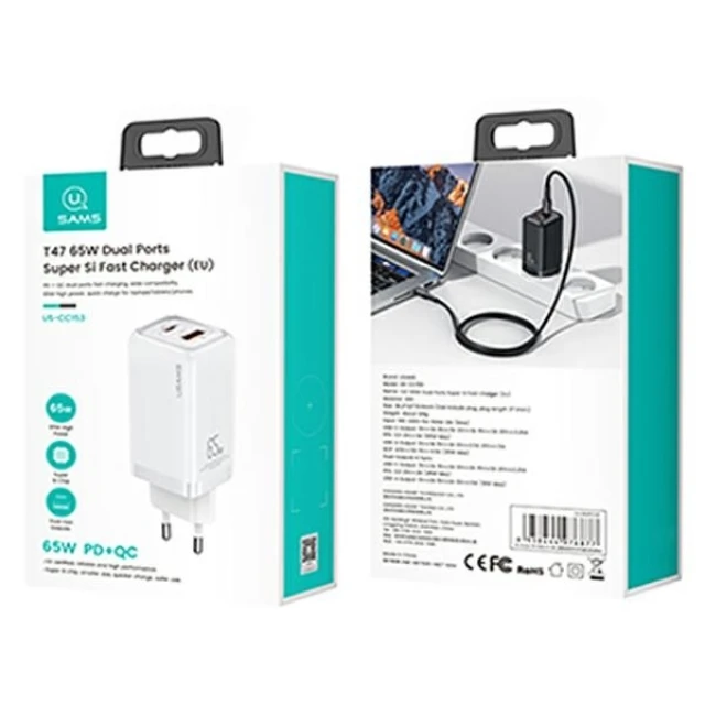 Сетевое зарядное устройство Usams US-CC153 T47 PD/QC 65W USB-C | USB-A White (CC153TC02)
