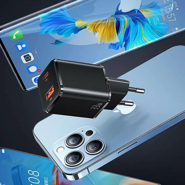 Мережевий зарядний пристрій Usams T43 PD/QC 33W USB-C | USB-A Black with USB-C to Lightning Cable (USKTZ01)