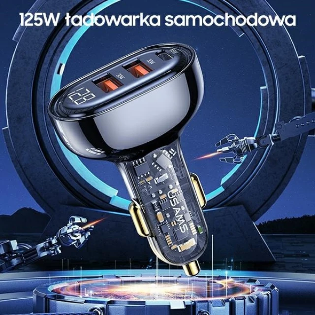 Автомобильное зарядное устройство Usams US-CC158 PD/QC 125W 2xUSB-A | USB-C Transparent Blue (CC158CC02)