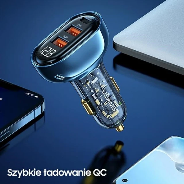 Автомобильное зарядное устройство Usams US-CC158 PD/QC 125W 2xUSB-A | USB-C Transparent Blue (CC158CC02)