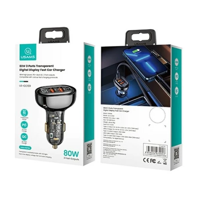 Автомобільний зарядний пристрій Usams US-CC159 PD/QC 80W 2xUSB-A | USB-C Black (CC159CC01)