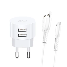 Мережевий зарядний пристрій Usams T20 2.1A 2xUSB-A White with USB-A to micro USB Cable (XTXLOGT18MC05)