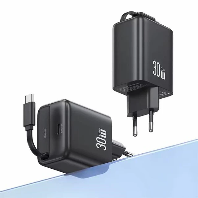 Мережевий зарядний пристрій Usams YC Series QC/PD 30W USB-C with Built-in USB-C Cable Black (CC241TC01)
