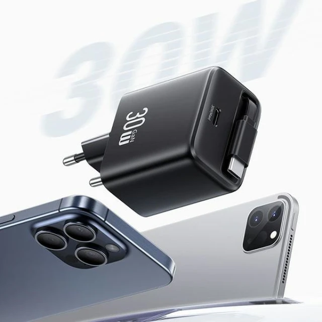 Мережевий зарядний пристрій Usams YC Series QC/PD 30W USB-C with Built-in USB-C Cable Black (CC241TC01)