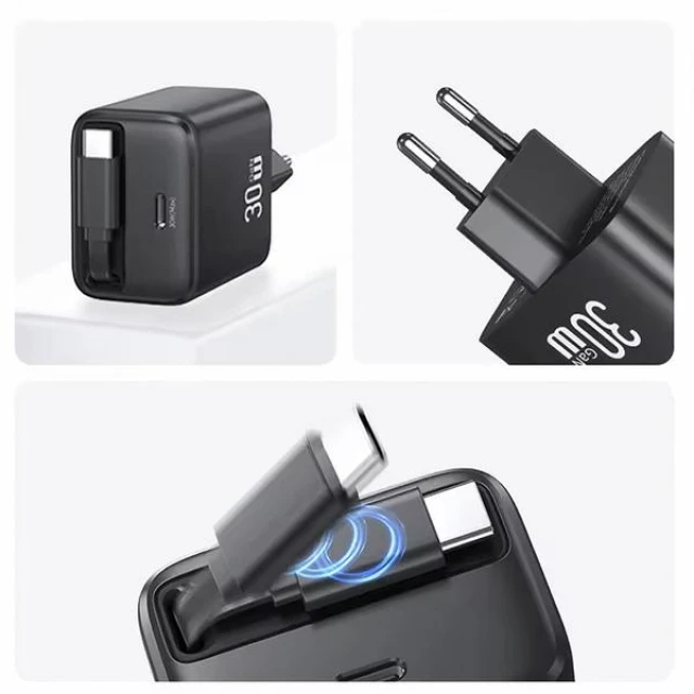 Мережевий зарядний пристрій Usams YC Series QC/PD 30W USB-C with Built-in USB-C Cable Black (CC241TC01)