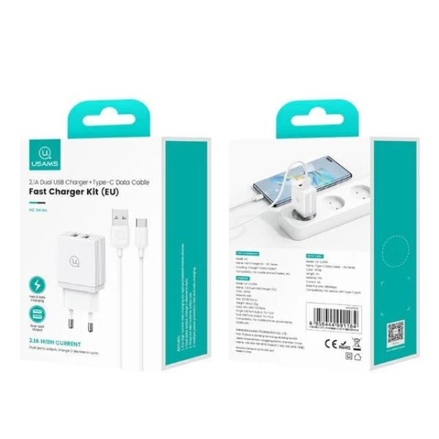 Мережевий зарядний пристрій Usams HC Series FC 2xUSB-A with USB-C to USB-A Cable 1 m White (HCXLTZ03)