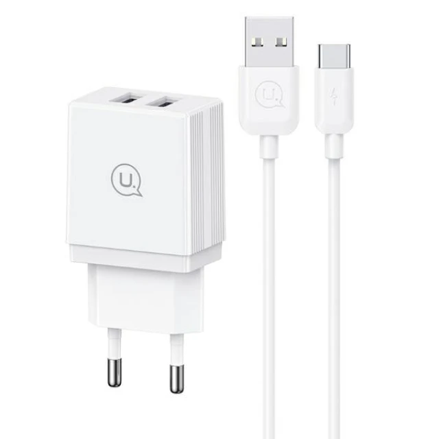 Мережевий зарядний пристрій Usams HC Series FC 2xUSB-A with USB-C to USB-A Cable 1 m White (HCXLTZ03)