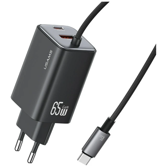 Мережевий зарядний пристрій Usams JC Series PD/QC 65W USB-C | USB-A with Built-In USB-C Cable Black (CC266TC01)