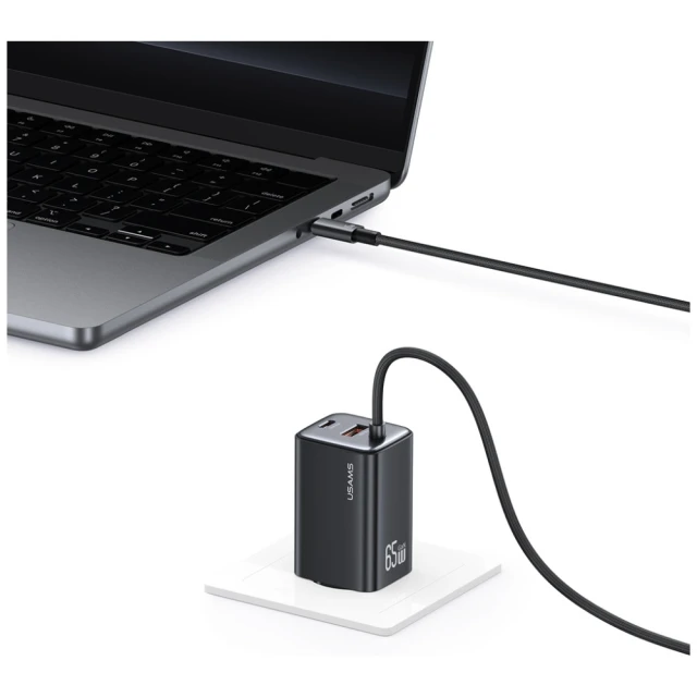 Мережевий зарядний пристрій Usams JC Series PD/QC 65W USB-C | USB-A with Built-In USB-C Cable Black (CC266TC01)