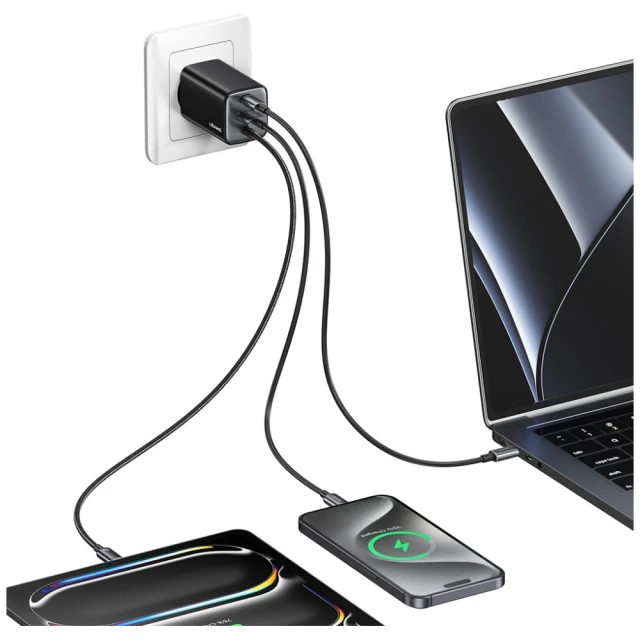 Мережевий зарядний пристрій Usams JC Series PD/QC 65W USB-C | USB-A with Built-In USB-C Cable Black (CC266TC01)