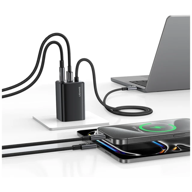 Мережевий зарядний пристрій Usams JC Series PD/QC 65W USB-C | USB-A with Built-In USB-C Cable Black (CC266TC01)