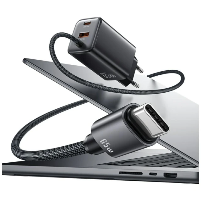 Мережевий зарядний пристрій Usams JC Series PD/QC 65W USB-C | USB-A with Built-In USB-C Cable Black (CC266TC01)