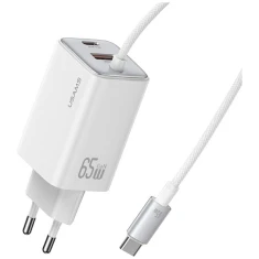 Мережевий зарядний пристрій Usams JC Series PD/QC 65W USB-C | USB-A with Built-In USB-C Cable White (CC266TC02)