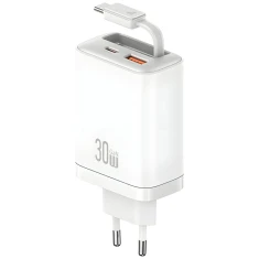 Мережевий зарядний пристрій Usams Xiang Series PD 30W USB-A | USB-C with Built-In USB-C Cable White (CC296TC02)