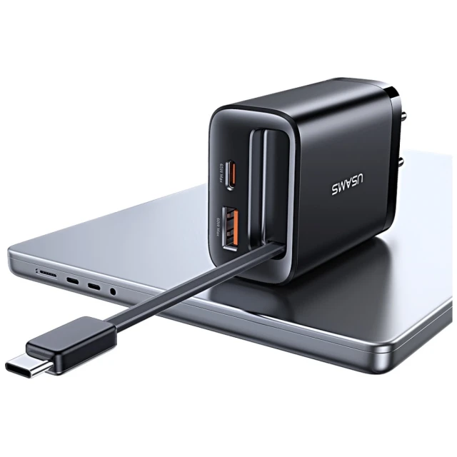 Мережевий зарядний пристрій Usams Xiang Series PD 65W USB-A | USB-C with Built-In USB-C Cable White (CC299TC02)