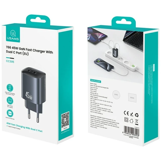 Мережевий зарядний пристрій Usams T66 PD 45W 2xUSB-C Tarnish (CC305TC01)