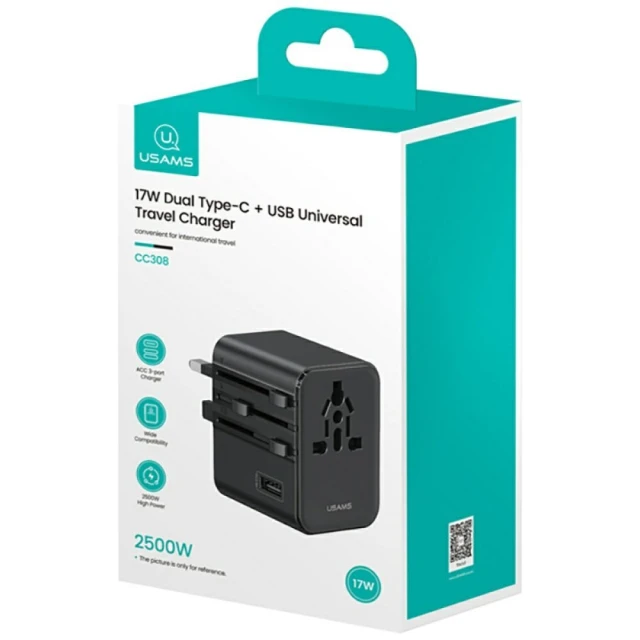 Мережевий зарядний пристрій Usams Travel Adapter US | AU | EU | UK 17W USB-A | USB-C Black (CC308TC01)