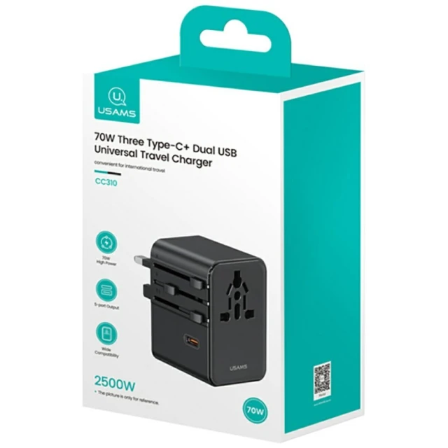 Мережевий зарядний пристрій Usams Travel Adapter US | AU | EU | UK 70W 3xUSB-C Black (CC310TC01)