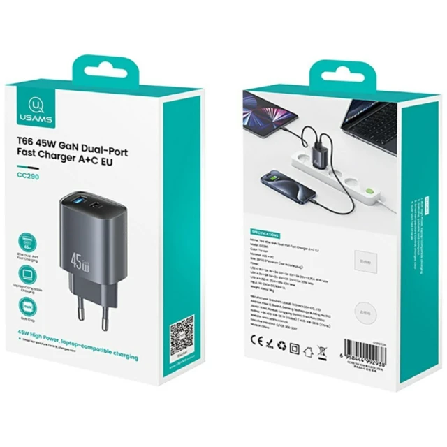 Мережевий зарядний пристрій Usams 45W USB-C | USB-A Silver (CC290TC03)