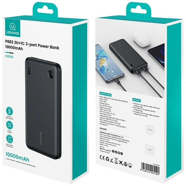 Портативна батарея Usams PB83 2xUSB-A 1xUSB-C 10000mAh Black (10KCD25301)