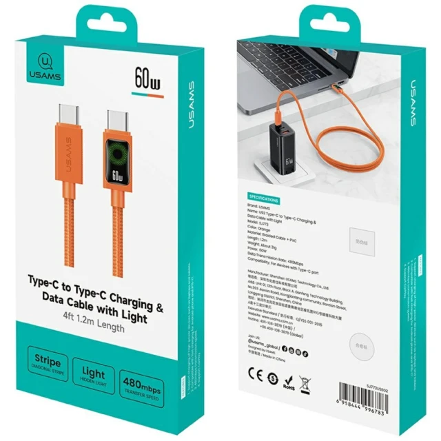 Кабель Usams SJ773 PD 60W USB-C to USB-C 1.2m Помаранчевий (SJ773USB02)