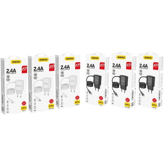 Зарядний пристрій Dudao 2x USB з вбудованим кабелем Lightning 12W Black (A2ProL)