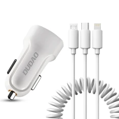 Автомобильное зарядное устройство Dudao 2x USB 2.4A с кабелем 3in1 Lightning/Type-C/Micro USB White (6970379614556)
