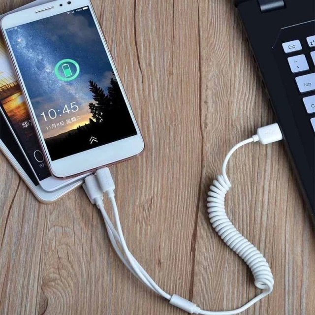 Автомобільний зарядний пристрій Dudao 2x USB 2.4A з кабелем 3in1 Lightning/Type-C/Micro USB White (6970379614556)