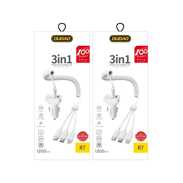 Автомобільний зарядний пристрій Dudao 2x USB 2.4A з кабелем 3in1 Lightning/Type-C/Micro USB White (6970379614556)
