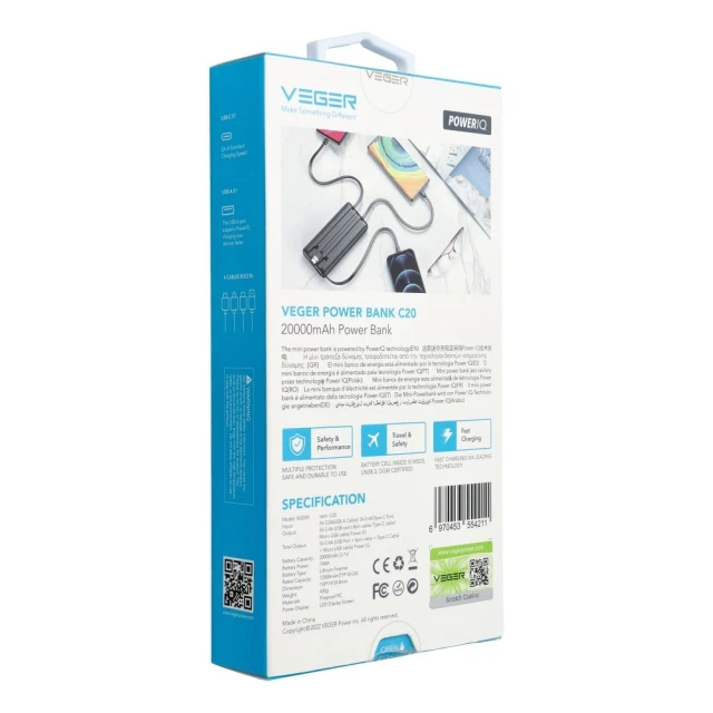 Powerbank Veger C20 20000 mAh з вбудованими кабелями Micro USB | Type C | Lightning Black (6970453554211)