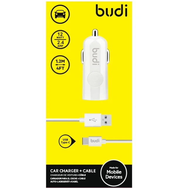 Зарядний пристрій автомобільний Budi USB + кабель USB-C White (BD062T)
