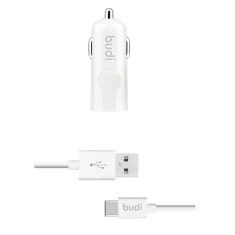 Зарядний пристрій автомобільний Budi USB + кабель USB-C White (BD062T)