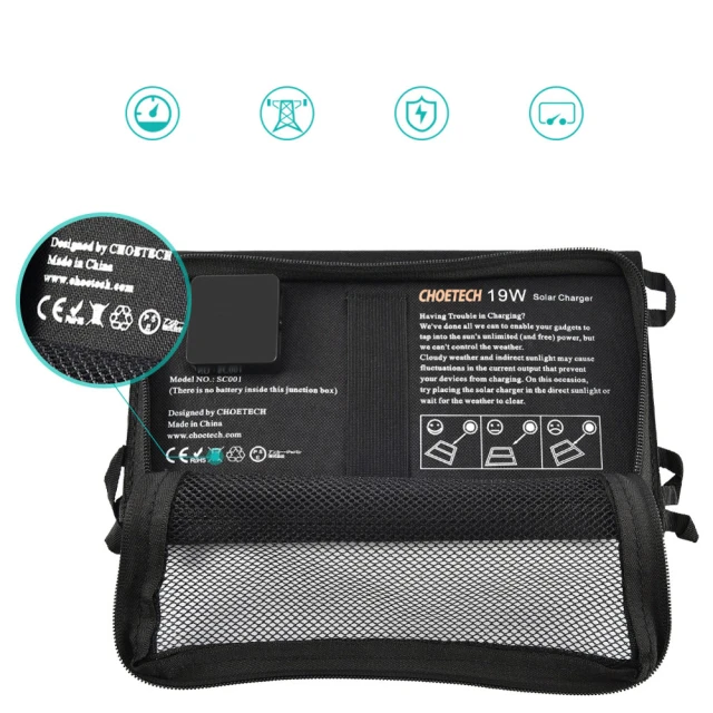 Складний сонячний зарядний пристрій Choetech Solar Charger 2xUSB-A 19W Black (SC001)
