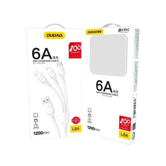 Кабель Dudao USB - USB-C/Micro USB/Lightning 6A 1.2m White (L8AW)