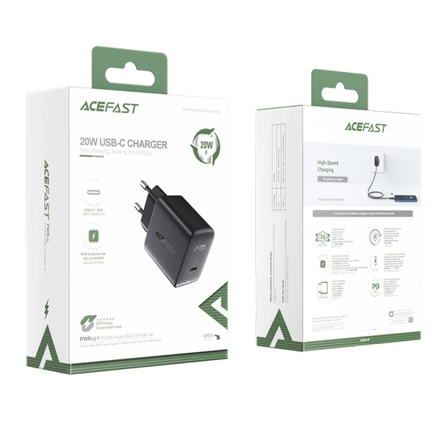 Мережевий зарядний пристрій Acefast A1 QC 20W USB-C Black (A1 black)