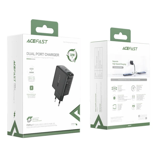 Мережевий зарядний пристрій Acefast A5 QC 32W USB-C | USB-A Black (A5 black)
