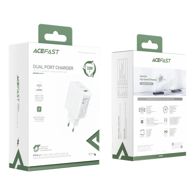 Мережевий зарядний пристрій Acefast A5 QC 32W USB-C | USB-A White (A5 white)
