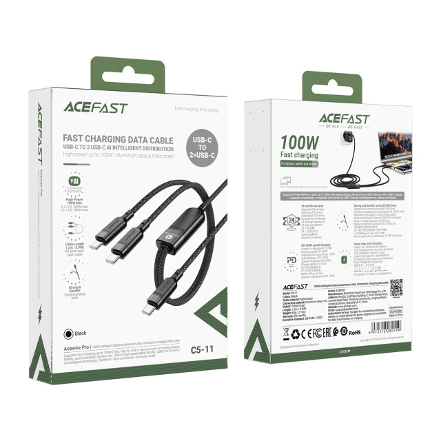 Кабель Acefast C5 USB-C - USB-C / USB-C 2в1 100W Black (C5-11)