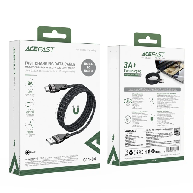 Кабель Acefast C11-04 USB-A - USB-C 3A 1.2m Black (6974316280224)
