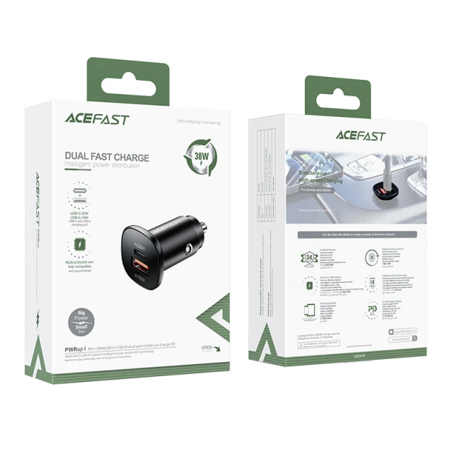 Автомобільний зарядний пристрій Acefast B1 Quick Charge USB-C/USB-A 38W Black (B1 Black)