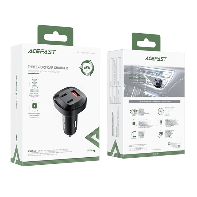 Автомобільний зарядний пристрій Acefast B3 Quick Charge 2xUSB-С/USB-А 66W Black (B3 Black)