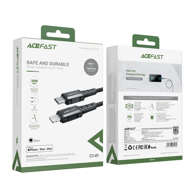 Кабель Acefast MFI USB-C to Lightning 1.2m 30W Black (C1-01 Black)